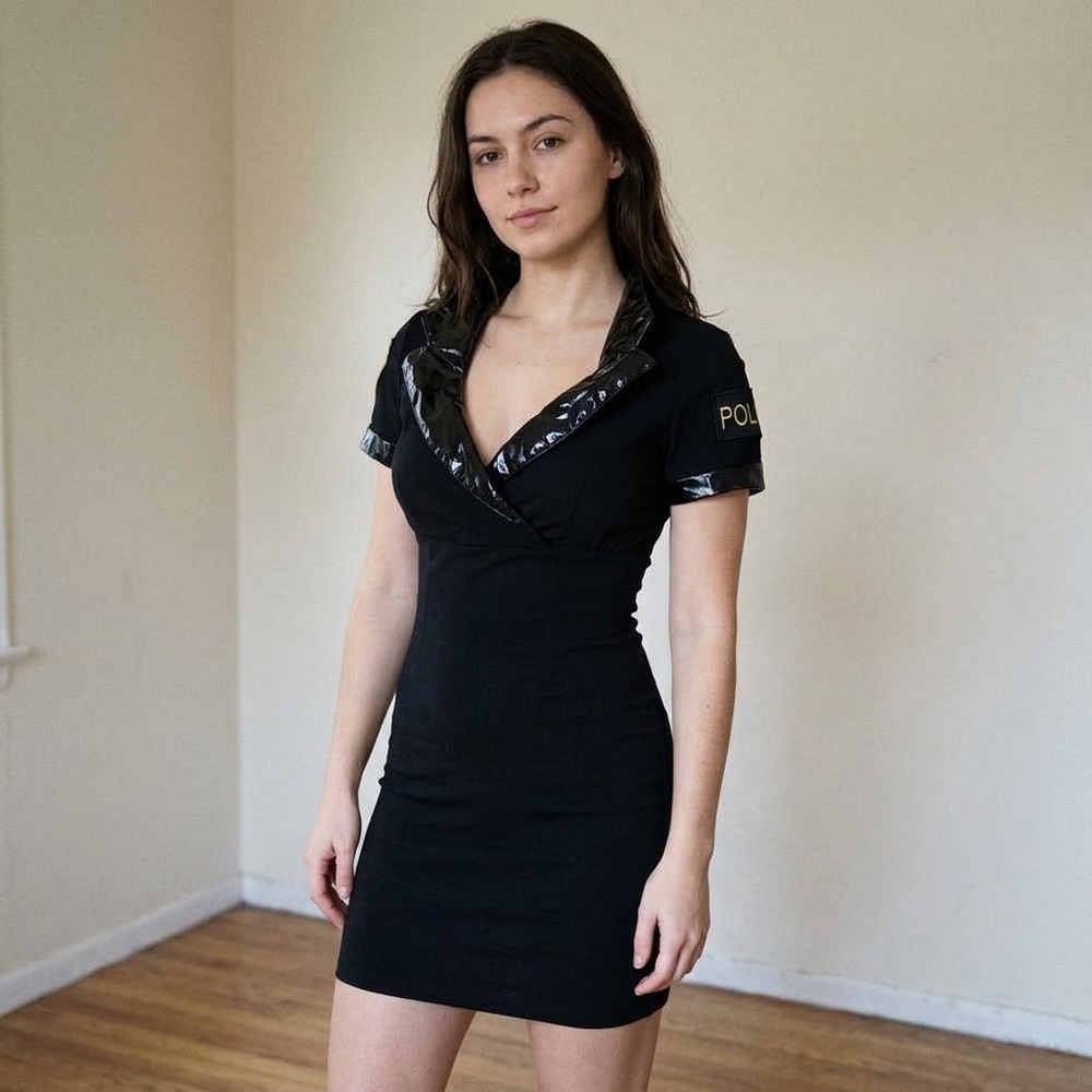Womens Police Officer Costume Mini Dress Black Faux Leather Trim Small